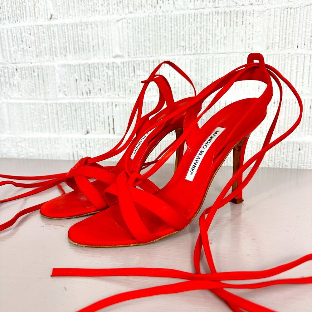 Manolo Blahnik Women Leather Lace Up Heels Sandals Strappy Criss Cross Red 36/6